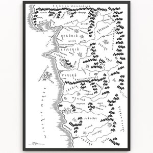 May include: Black and white hand-drawn map of a fictional land with the names of various regions and locations, including Cintra, Aedirn, and Maecht.