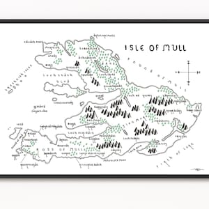 Könnte beinhalten: Eine Schwarzweiß-Linienzeichnung einer Karte der Isle of Mull, Schottland. Die Karte zeigt die Küstenlinie der Insel, wichtige Gewässer und geografische Merkmale. Die Karte ist mit den Namen verschiedener Orte auf der Insel beschriftet, darunter Loch Tuath, Loch Scridain und Ross of Mull.