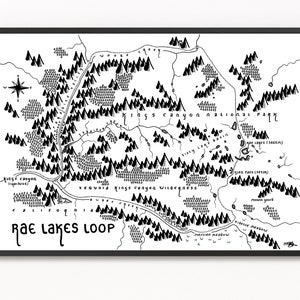 May include: Black and white illustration of a map of Rae Lakes Loop in Kings Canyon National Park. The map shows trails, lakes, and mountains. The text "Rae Lakes Loop" is written in a stylized font.