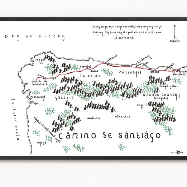 CAMINO DE SANTIAGO Impresión de mapa / Mapa de senderos / Arte de mapa minimalista / Arte de pared / Impresión de arte