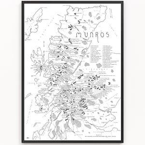 LES MUNROS Imprimer la carte | Carte de la montagne | Art cartographique minimaliste | Art mural | Impression artistique