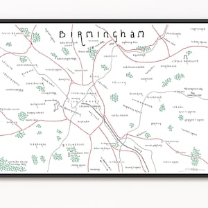 May include: A black and white line drawing map of Birmingham, England. The map shows the city center and surrounding neighborhoods. The map is framed in a black frame.