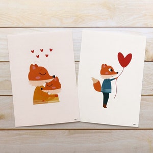 CARTE A6 - "Renard Amour" - Reproduction/Giclee illustration (chambre bébé, cadeau naissance, anniversaire, Noël)