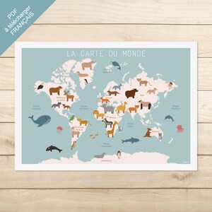 PÓSTER PDF EN FRANCÉS - "El mapa mundial de los animales" (para niños, escuelas, guarderías, primaria)