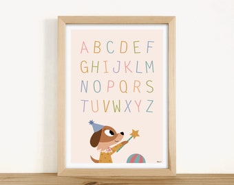 AFFICHE EDUCATIVE - "L'Alphabet" Chien cirque (chambre enfant, école, maternelle, primaire)