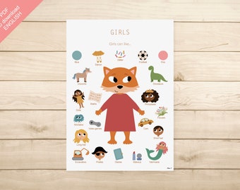 PDF AFFICHE ENGLISH - "Girls can like" (chambre enfant, école, maternelle, primaire)