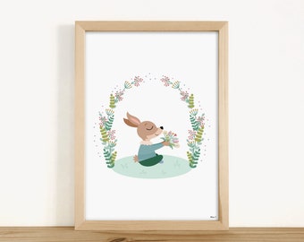 IMPRESSION ART - "Lapin fleurs couronne végétale" (décoration chambre bébé, chambre enfant, cadeau naissance, anniversaire, Noël)