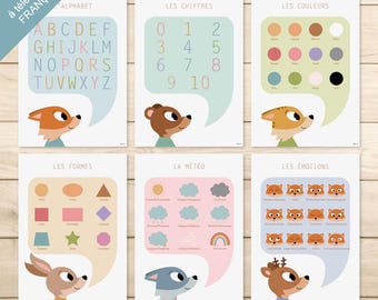 PDF 6 FRENCH POSTERS - "Alphabet, Numbers, Colors, Shapes, Weather, Emotions" (children's room, school, nursery, primary school)