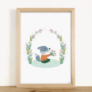 ART PRINT - &quot;Wolf flowers plant crown&quot; (baby room decoration, children&#39;s room, birth gift, birthday, Christmas)