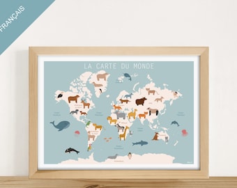 AFFICHE ÉDUCATIVE FRANÇAIS - "La Carte du monde des animaux" (chambre enfant, scolaire, école, maternelle, primaire)