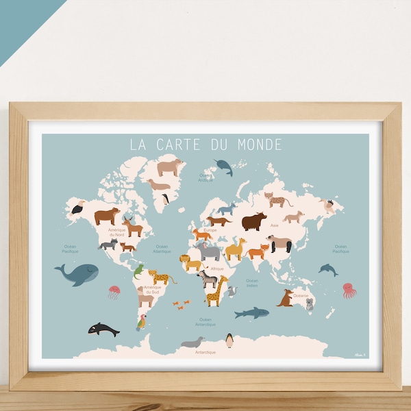 AFFICHE ÉDUCATIVE FRANÇAIS - "La Carte du monde des animaux" (chambre enfant, scolaire, école, maternelle, primaire)