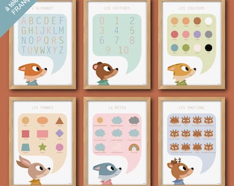 PDF 6 FRENCH POSTERS - "Alphabet, Numbers, Colors, Shapes, Weather, Emotions" Pastel Animals (children's room, school, kindergarten)