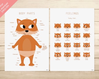 PDF 2 AFFICHES ENGLISH - "Body Parts" & "Feelings" (chambre enfant, école, maternelle, primaire)