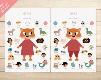 PDF 2 AFFICHES ENGLISH - "Girls can like" & "Boys can like" (chambre enfant, école, maternelle, primaire)