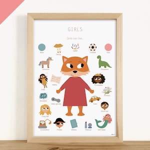 POSTER EDUCATIVO IN INGLESE - "Le ragazze possono piacere" (stanza del bambino, scuola, asilo nido, primaria)