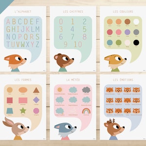 PDF 6 CARTELES FRANCÉS - "Alfabeto, Números, Colores, Formas, Clima, Emociones" (habitación infantil, colegio, guardería, primaria)