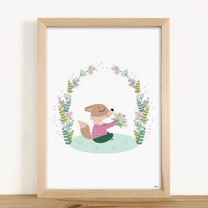 ART PRINT - &quot;Arctic fox flowers plant crown&quot; (baby room decoration, children&#39;s room, birth gift, birthday, Christmas)