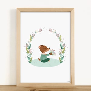 ART PRINT - &quot;Bear flowers plant crown&quot; (baby room decoration, children&#39;s room, birth gift, birthday, Christmas)