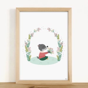 ART PRINT - &quot;Badger flowers plant crown&quot; (baby room decoration, children&#39;s room, birth gift, birthday, Christmas)