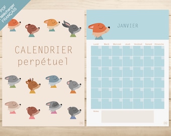 PRINTABLE PDF - "Perpetual children's calendar" - Animals (French) (child organization, school, kindergarten, primary)