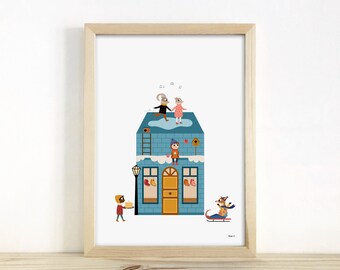 CHILD ILLUSTRATION - "Maison boutique Février" - Reproduction/Giclee illustration (baby room, birth gift, birthday, Christmas)
