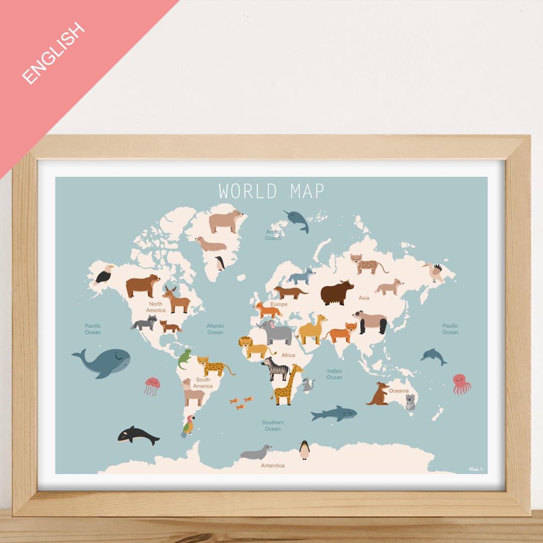 EDUCATIONAL POSTER ENGLISH - "the World Map of Animals" (children's ...