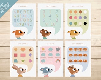 PDF 6 FRENCH POSTERS - "Alphabet, Numbers, Colors, Shapes, Weather, Emotions" (children's room, school, nursery, primary)