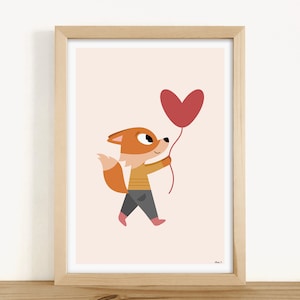 IMPRESIÓN DE ARTE - "Globo de corazón de zorro" (decoración de la habitación del bebé, habitación del niño, regalo de nacimiento, cumpleaños, Navidad)