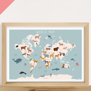 AFFICHE ÉDUCATIVE ENGLISH - "La Carte du monde des animaux" (chambre enfant, scolaire, école, maternelle, primaire)