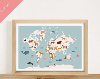 AFFICHE ÉDUCATIVE ENGLISH - "La Carte du monde des animaux" (chambre enfant, scolaire, école, maternelle, primaire)