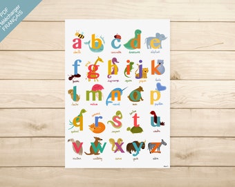 PDF AFFICHE FRANÇAIS - "L'Alphabet" Animaux (chambre enfant, école, maternelle, primaire)