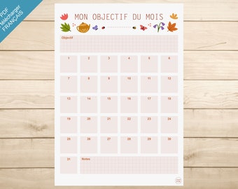 PRINTABLE PDF - "My goal of the month" - Cozy vibes (French) (organization, office, planning, school year)