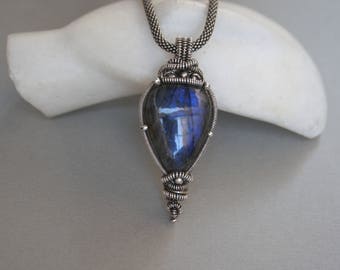 Labradorite sterling silver pendant, labradorite jewelry, wire wrap necklace, wire pendant, wrapped labradorite