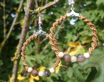 Boucles d'oreilles créoles "audace" en pierres naturelles de chiastolite et opale rose-Elimine les inhibitions, la honte et la timidité..