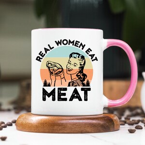 Carnivore Mug, Meat Lover Gift, Carnivore Diet, Carnivore Lion Mug, Zero Carb, Gift for Meat Eater, Gift for Carnivor, Real Women Eat Meat Pink Handle 11oz