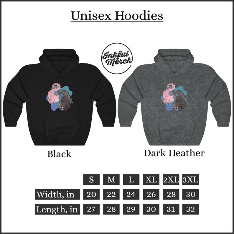 K&ouml;nnte beinhalten: Schwarze und dunkelgraue Unisex-Hoodies mit einem Koi-Fisch-Motiv. Erh&auml;ltlich in den Gr&ouml;&szlig;en S bis 3XL, mit Breiten von 50.8 cm bis 76.2 cm und L&auml;ngen von 68.6 cm bis 81.3 cm. Der Markenname "Inkful Merch" ist ebenfalls abgebildet.