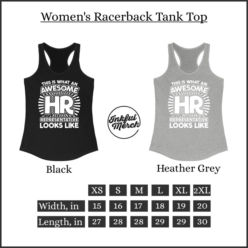 Peut inclure: Un d&eacute;bardeur &agrave; dos nageur noir et gris chin&eacute; avec le texte "This is what an awesome HR representative looks like" en blanc. Le d&eacute;bardeur est disponible en tailles XS-2XL. La largeur et la longueur du d&eacute;bardeur sont indiqu&eacute;es en pouces.