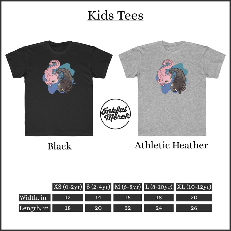 K&ouml;nnte beinhalten: Schwarze und grau melierte Kinder-T-Shirts mit einem Cartoon-Axolotl-Design. Das Design zeigt einen rosa und schwarzen Axolotl im Yin-Yang-Stil. Die Shirts sind in den Gr&ouml;&szlig;en XS bis XL erh&auml;ltlich, mit Breiten von 30.5 bis 50.8 cm.