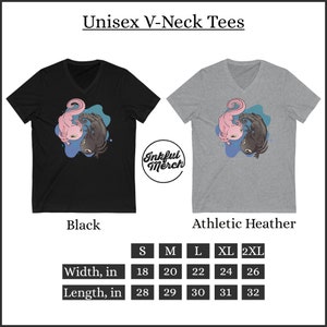 K&ouml;nnte beinhalten: Schwarze und graue Unisex-V-Ausschnitt-T-Shirts. Jedes Shirt zeigt ein Cartoon-Axolotl-Design in Rosa und Schwarz mit blauem und violettem Hintergrund. Die Shirts sind in den Gr&ouml;&szlig;en S-2XL erh&auml;ltlich, mit Breiten von 45,7 bis 66 cm und L&auml;ngen von 71,1 bis 81,3 cm.