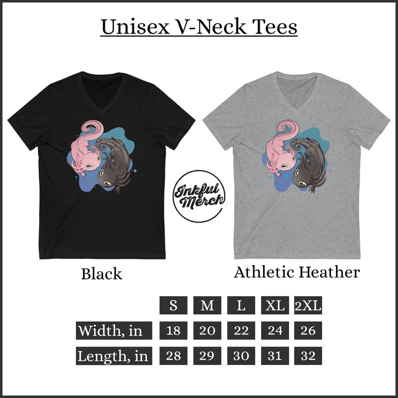 K&ouml;nnte beinhalten: Schwarze und graue Unisex-V-Ausschnitt-T-Shirts. Jedes Shirt zeigt ein Cartoon-Axolotl-Design in Rosa und Schwarz mit blauem und violettem Hintergrund. Die Shirts sind in den Gr&ouml;&szlig;en S-2XL erh&auml;ltlich, mit Breiten von 45,7 bis 66 cm und L&auml;ngen von 71,1 bis 81,3 cm.