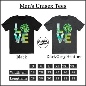 May include: Black and dark grey heather unisex t-shirts with a graphic print of the word "LOVE" with tropical leaves and flowers. The size chart shows the width and length in inches for sizes S, M, L, XL, 2XL, and 3XL.