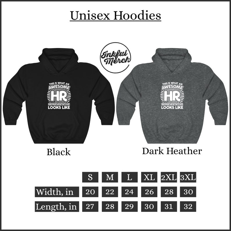 Peut inclure: Sweat-shirts unisexes noirs et gris chin&eacute; avec le texte "This is what an awesome HR representative looks like" imprim&eacute; sur le devant. Les sweat-shirts sont disponibles en tailles S, M, L, XL, 2XL et 3XL. Le tableau des tailles indique la largeur et la longueur de chaque taille en pouces.