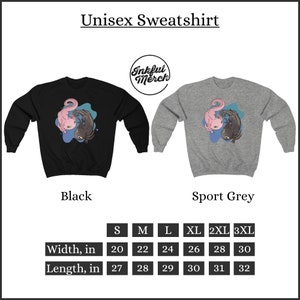 K&ouml;nnte beinhalten: Schwarze und sportgraue Unisex-Sweatshirts mit einem Yin-Yang-Design aus zwei Axolotln. Die Sweatshirts tragen den Text "Inkful Merch" und eine Gr&ouml;&szlig;entabelle mit Breiten- und L&auml;ngenma&szlig;en in Zoll, bis zu 3XL.