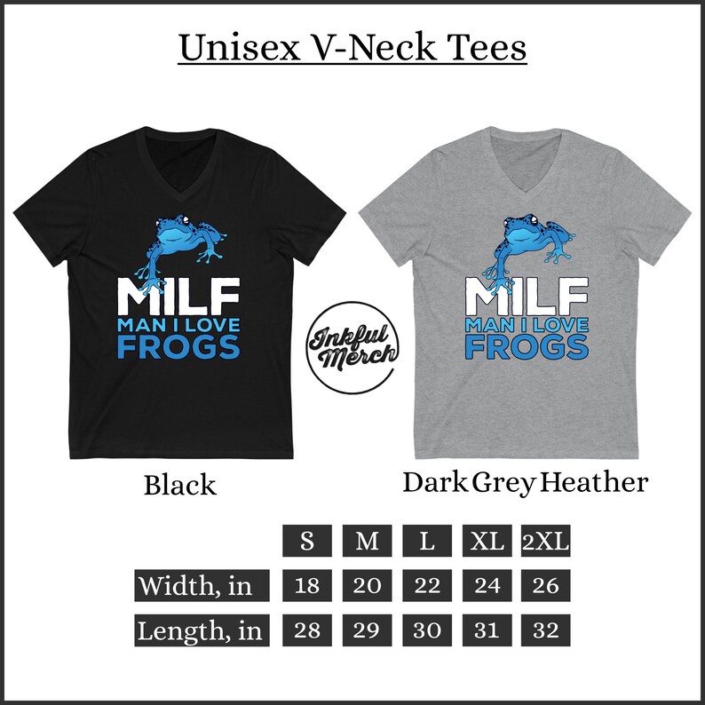 以下が含まれることがあります： 黒とダークグレーヘザーのVネックTシャツ。青いカエルのグラフィックと「MILF MAN I LOVE FROGS」のテキストがプリントされています。サイズはS、M、L、XL、2XLがあります。Tシャツの幅と長さはインチで表示されています。