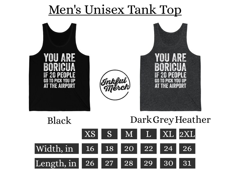 Puede incluir: Camisetas sin mangas unisex negras y gris oscuro con el texto "YOU ARE BORICUA IF 20 PEOPLE GO TO PICK YOU UP AT THE AIRPORT". Las camisetas tienen un ancho de 40,6 a 66 cm y una longitud de 66 a 78,7 cm.