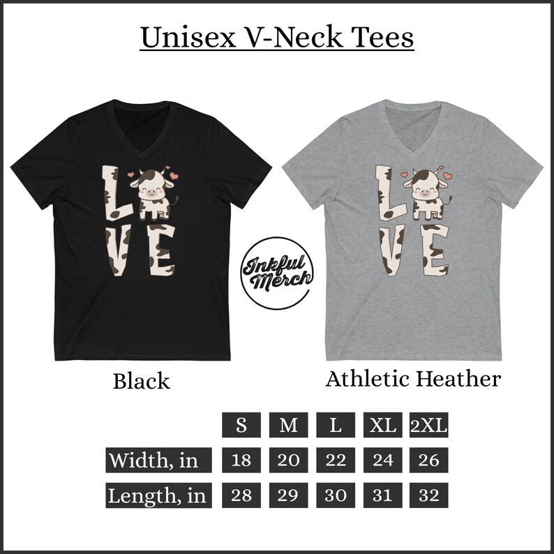 Puede incluir: Camiseta de cuello en V de color negro y gris jaspeado con un gr&aacute;fico de una vaca y la palabra "LOVE". Las camisetas est&aacute;n disponibles en tallas S, M, L, XL y 2XL. La tabla de tallas muestra el ancho y la longitud de cada talla en pulgadas.