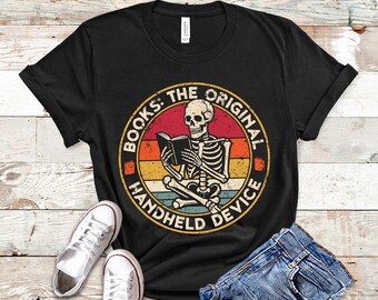 Funny Skeleton Reading T-Shirt: Retro Book Lover Tee