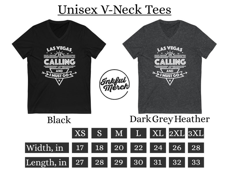 Pu&ograve; includere: T-shirt unisex a collo a V nero e grigio scuro melange con una grafica bianca che dice "Las Vegas is Calling and I Must Go". La maglietta &egrave; disponibile nelle taglie XS-3XL. La tabella delle taglie mostra la larghezza e la lunghezza della maglietta in pollici.