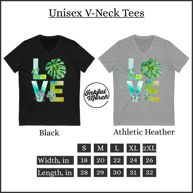 May include: A black and a heather gray V-neck t-shirt with a graphic print of the word "LOVE" made of green leaves. The size chart shows the width and length in inches for sizes S, M, L, XL, and 2XL.