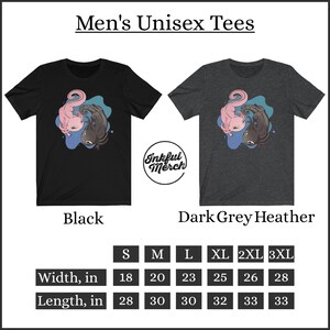 K&ouml;nnte beinhalten: Schwarze und dunkelgraue Unisex-T-Shirts mit einem Cartoon-Axolotl-Design. Das Design zeigt einen rosa und schwarzen Axolotl mit blauem und hellblauem Hintergrund. Die Shirts sind in den Gr&ouml;&szlig;en S-3XL erh&auml;ltlich, mit Breiten von 45,7 bis 71,1 cm und L&auml;ngen von 71,1 bis 83,8 cm.